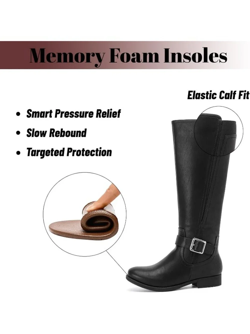 Women's Black Platform Slouchy Side Zipper Comfort Round Toe Knee High Boots